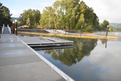 Morning view of kayak launch with ramp completion in background
