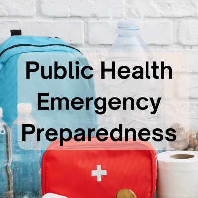 An emergency go kit with the words "public health emergency preparedness" written above.